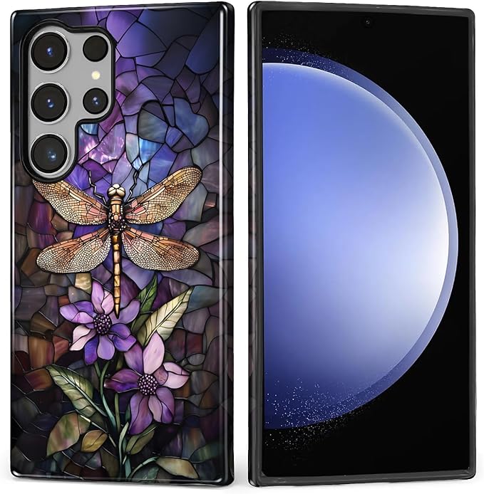 for Samsung Galaxy S23 Ultra Case, Stained Glass Dragonfly Pattern Glossy 2 in by Teonvpu