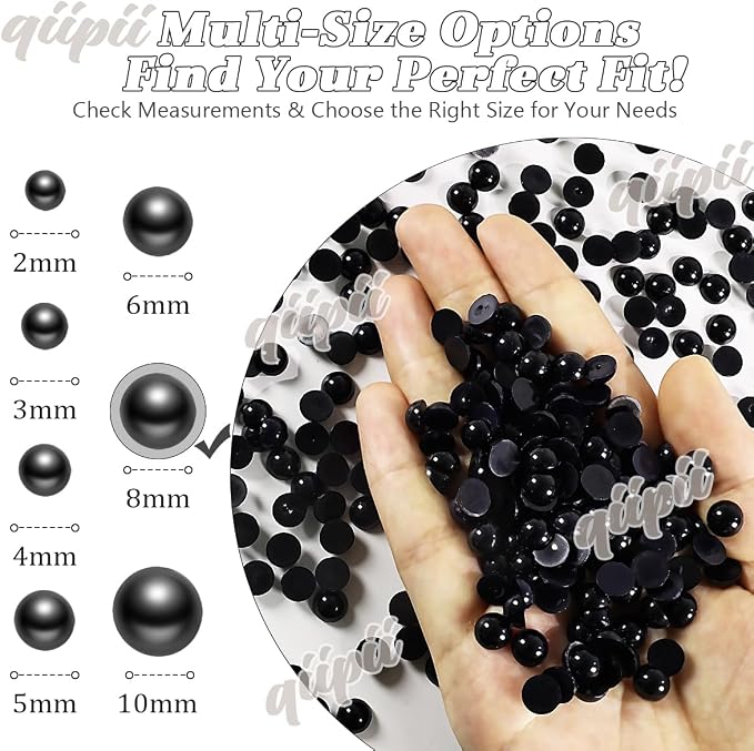 qiipii 380PCS 8mm Pure Black Round Half Round Pearls - Image 3