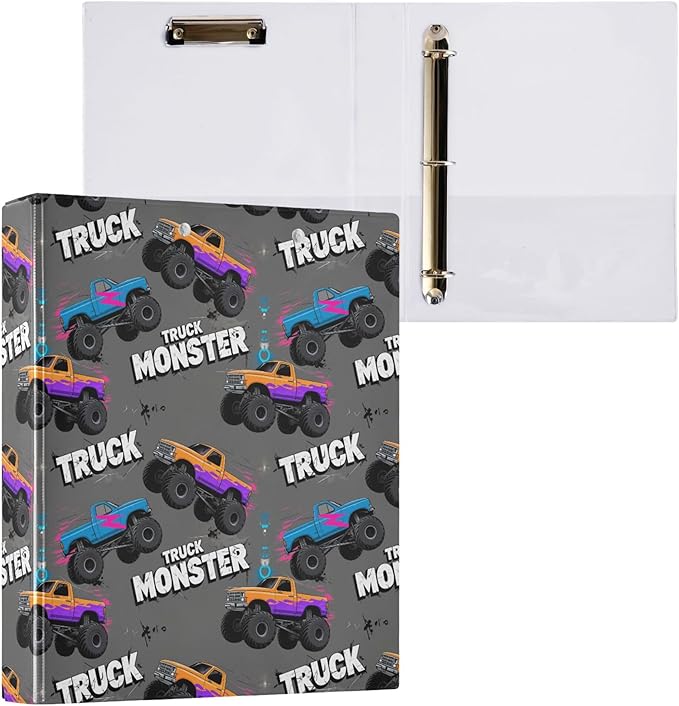 Monster Truck Black Round Ring Binders 1.5 Inch Racing Cars 3 Ring Clipboard by Wamika