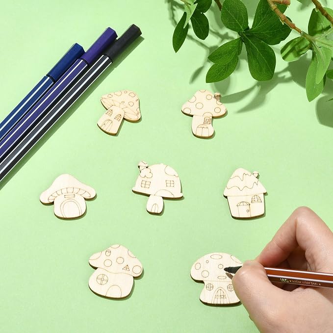 LiQunSweet 200 Pcs Creative Mushroom House Unfinished Wood Cutout Slices - Image 5