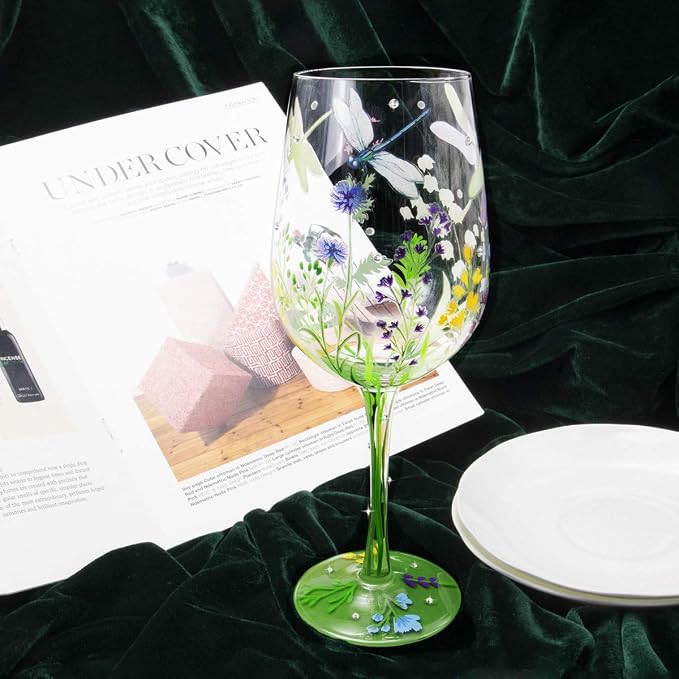 NymphFable Hand Painted Wine Glass Colorful Dragonfly Flower Artisan Painted 15 - Image 2