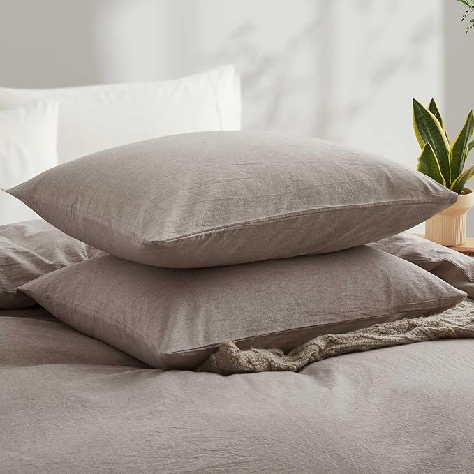 100% Cotton Duvet Cover Queen Size, Mauve Brown Linen-Like Natural Bedding Set - Image 3