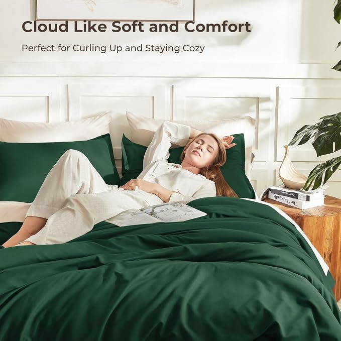 Litanika Dark Emerald Green King Comforter Set, 3 Pieces Solid Forest Bedding - Image 2