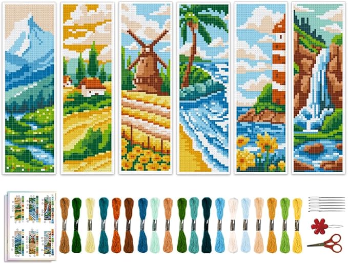 ACRNIGHEET 6pcs Cross Stitch Bookmark Kits, Landscape DIY Cross Stitch Bookmarks by ACRNIGHEET