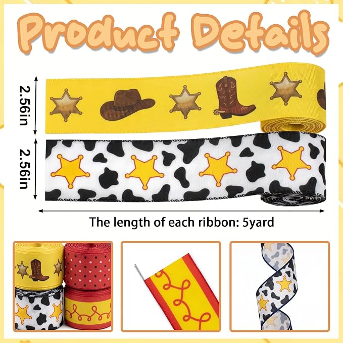 4 Rolls Cartoon Western Wired Edge Ribbon, 2.56 Inch Cow Print Sheriff Star - Image 2