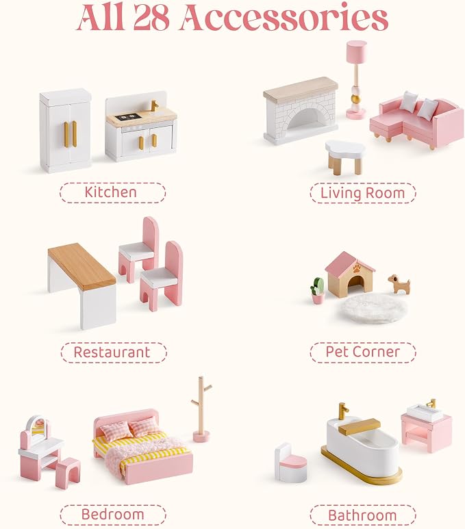 ROBOTIME Wooden Dollhouse Furniture Set, Dollhouse Accessories and Pretend Play - Image 5