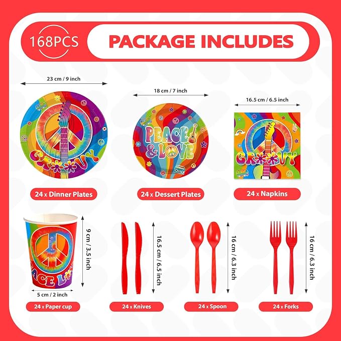 168Pcs Hippie Party Supplies for 60s 70s Hippie Theme Serves 24 | Rainbow Retro - Image 2