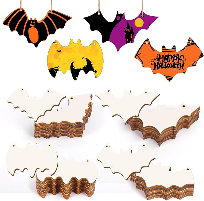 40Pcs Bats Halloween Wooden Slices Ornaments Paintable Blank Natural Bat by Tmflexe