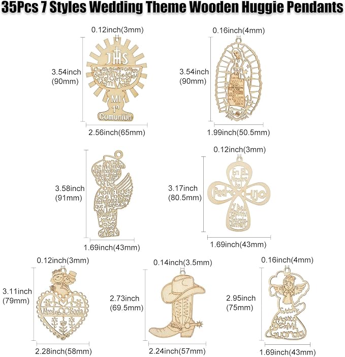 35 pcs 7 Styles Wedding Theme Wood Cutout Charms Angel Goddess Heart Cross Sun - Image 2