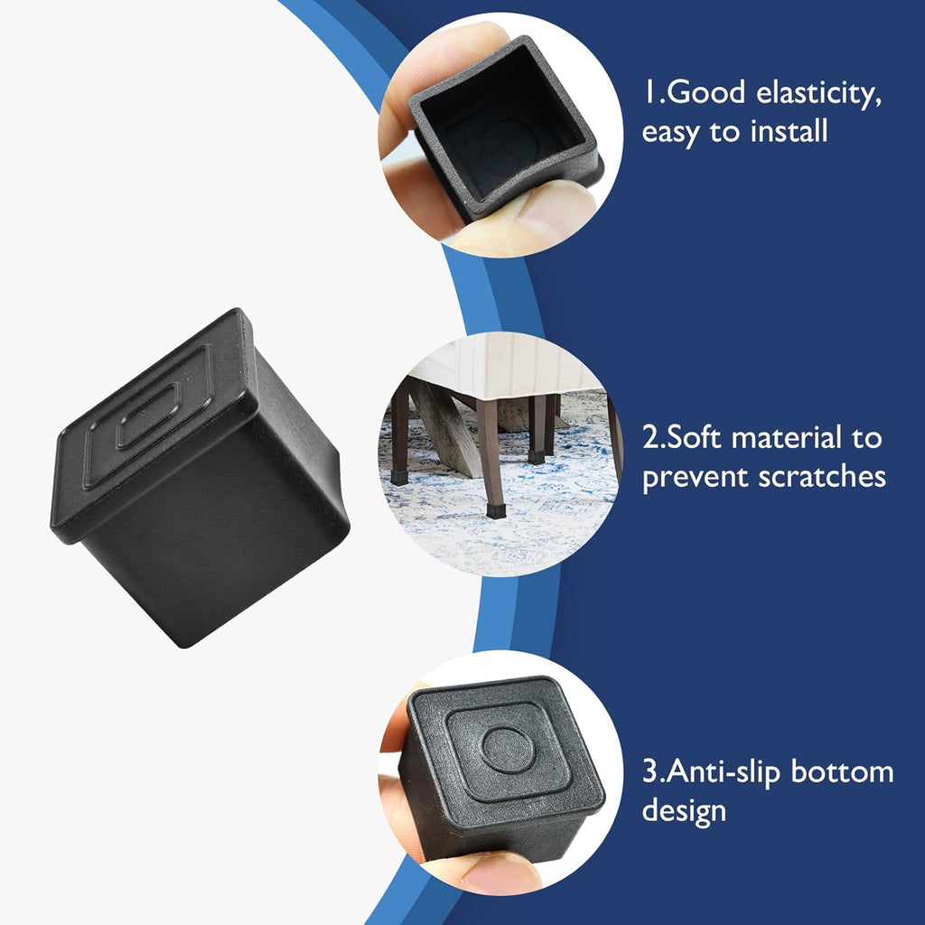 16 Pcs 3/4" x 3/4" Square Rubber Chair Leg Caps, PVC Table Leg Covers, Flexible & Anti-Slip Furniture Leg End Caps, Chair Leg Floor Protectors for Bar Stool Leg Patio Indoor, Black