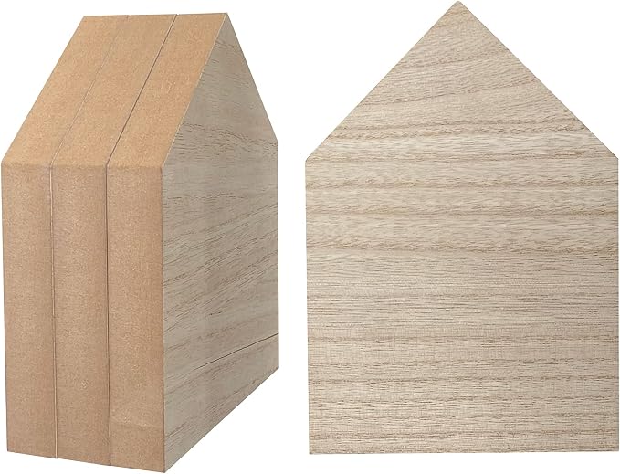 4 Pack 8 Inch Wooden House Shape Block Unfinished Wood Farmhouse Cutouts by Cregugua