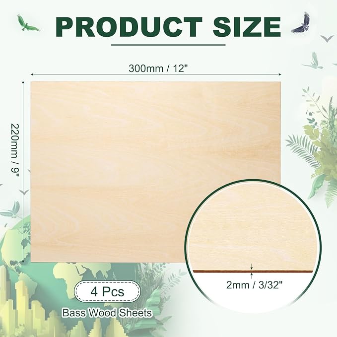 HARFINGTON 4pcs 2mm Basswood Plywood Sheets 12" x 9" x 3/32" Thin Unfinished - Image 2