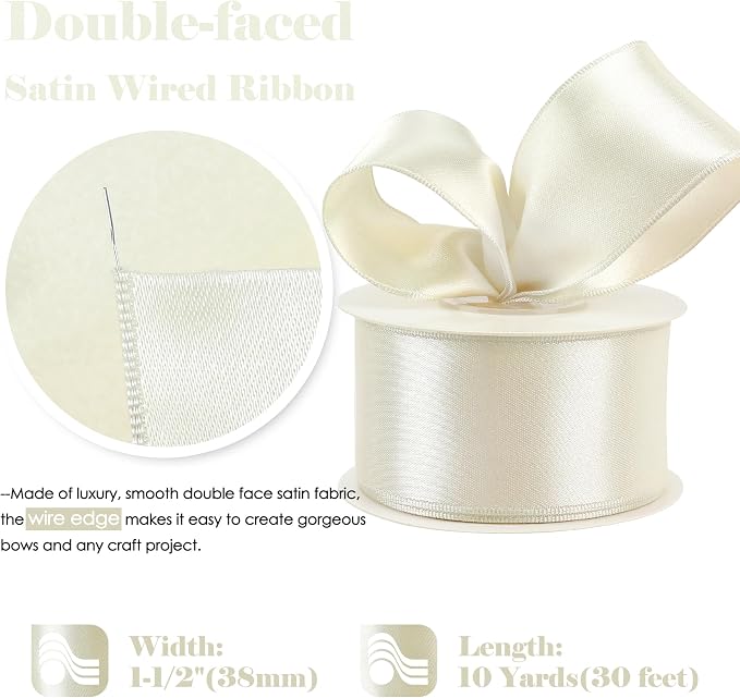 HUIHUANG Ivory Satin Wired Ribbon 1-1/2 inch Double-Sided Satin Wire Edge Ribbon - Image 2