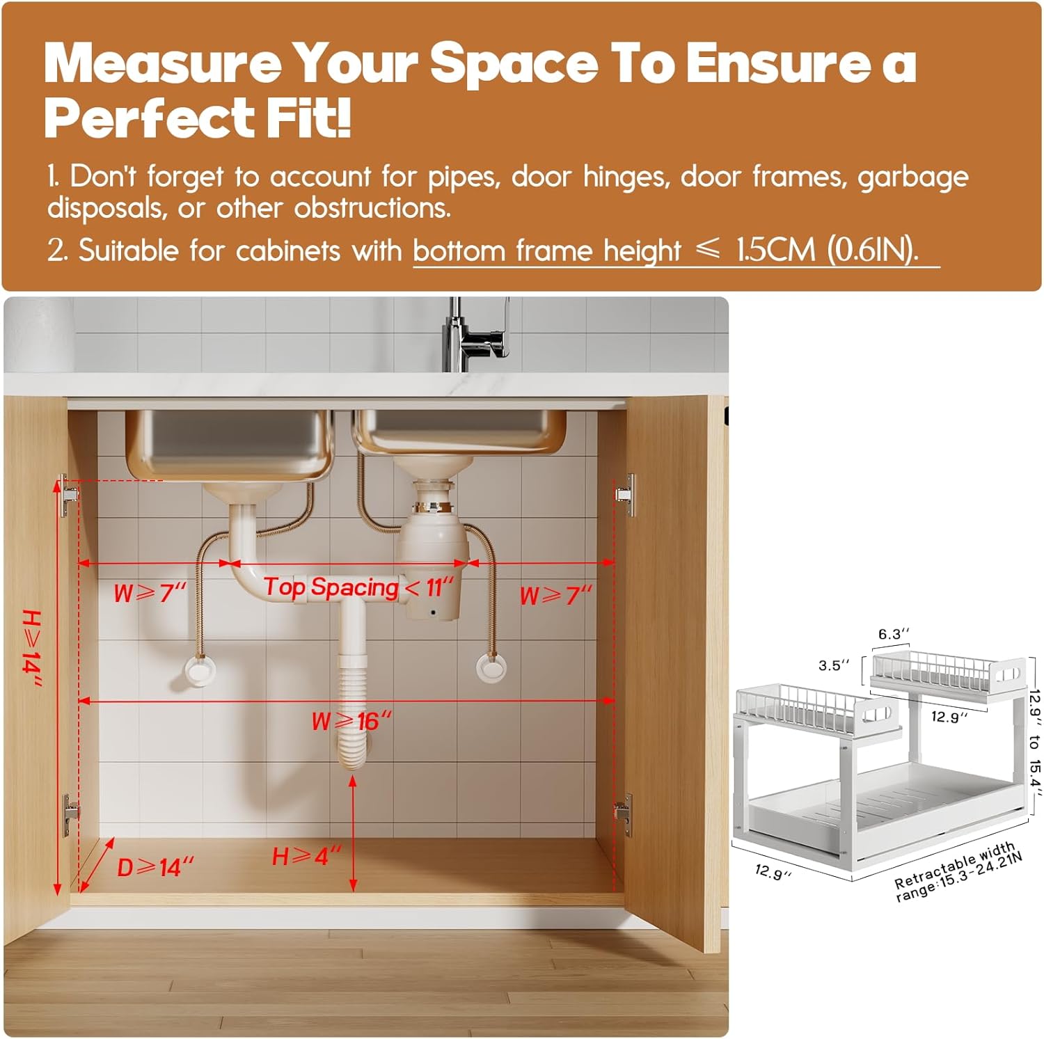 1 Pack Expandable Under Sink Organizers Storage With Upgrade Ball-Bearing Slide Tracks,2-Tier Pull Out Under Cabinet Organizer Height Adjustable,Not Suitable For Cabinets With Partitions In The Middle