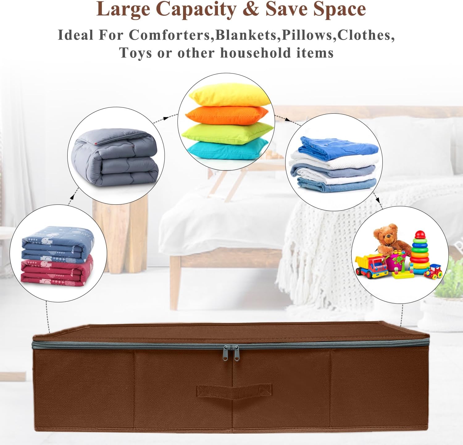 punemi Underbed Storage Box, Under Bed Clothes Storage With Sturdy Structure and Ultra Thick Fabric & zipper Lid, Use as Clothes Organizer, Pillow and Blanket Organizer, Brown, Large, 2 pack