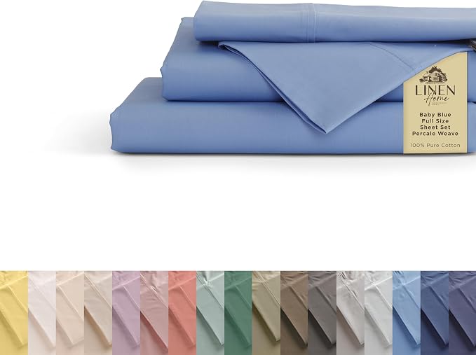 Linen Home 100% Cotton Percale Sheets Full Size, Baby Blue, Deep Pocket by LINENHOME