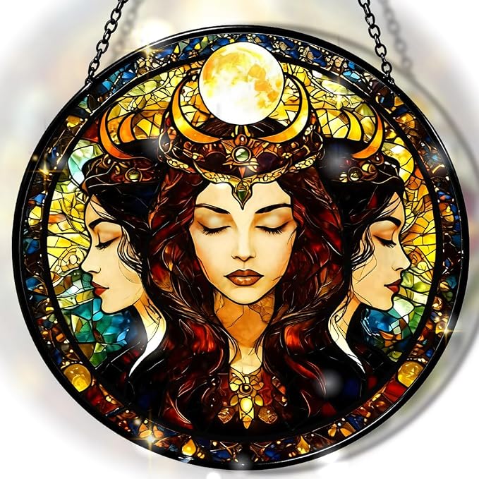 Greatingreat Stained Glass Window Hanging Hecate Triple Moon Goddess, Home Room by Greatingreat