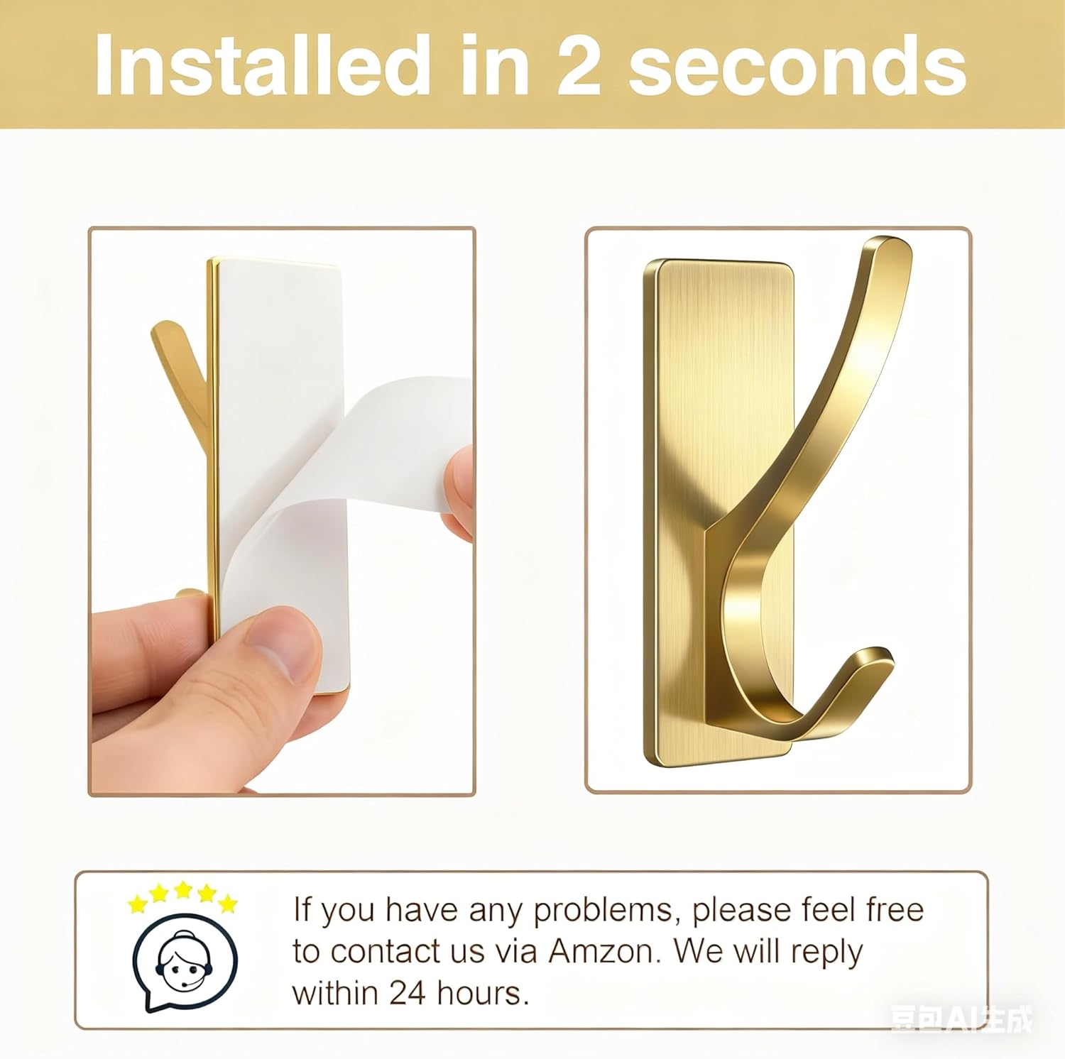 10 Pack Self Adhesive Coat Hooks for Hanging, Heavy Duty Stainless Double Wall Hook for Towel, Backpack, Hat, Sturdy Metal Hanger for Bathroom, Bedroom, Door, Wall Mounted, Brushed Gold