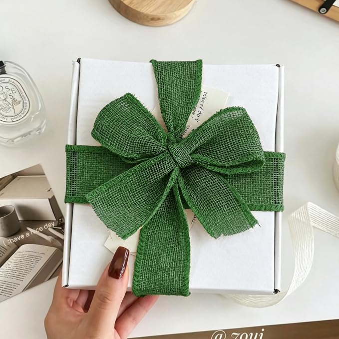Green Burlap Ribbon 1-1/2 inch X 10 Yard Green Linen Wired Ribbon | Natural - Image 4