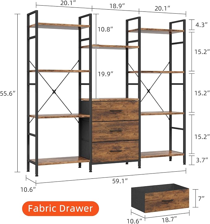 AFLUI Triple Bookshelf with 3 Fabric Drawers, 4-Tier Book Shelf and 10 Display - Image 2