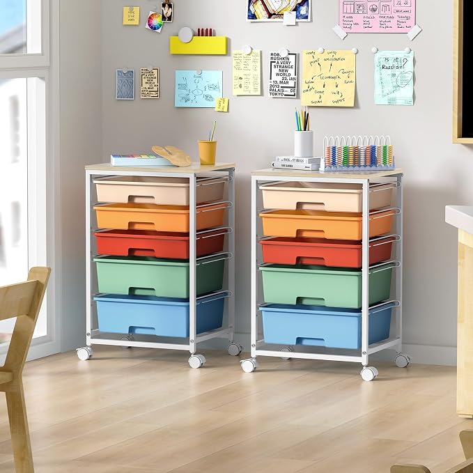 SYKIARIOL Utility Cart with 5 Drawers, Storage Cart with Wooden Tabletop and - Image 9