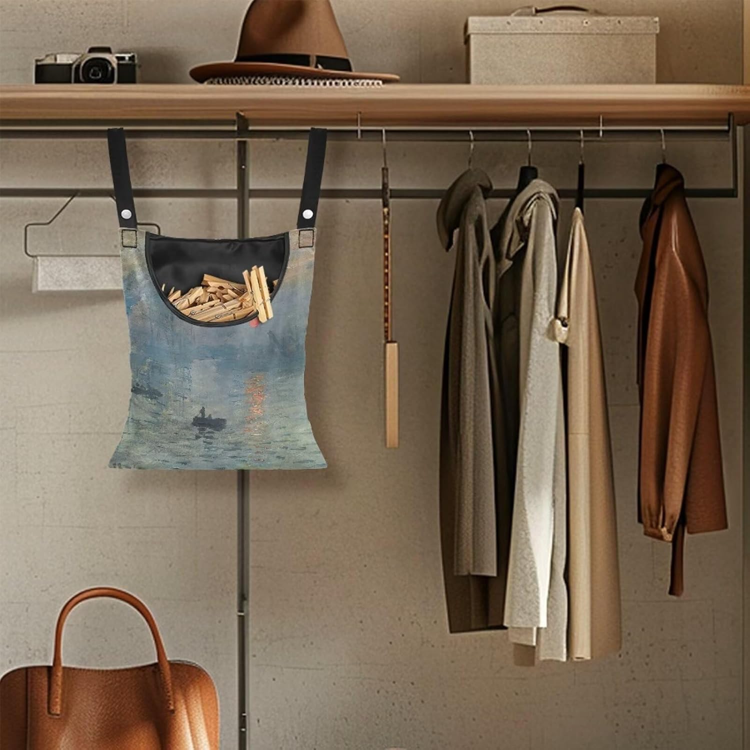 Heavy Duty Outdoor Clothespin Bag - Impression Sunrise Print Windproof & Water Repellent Hanging Storage for Clothesline Accessories - Extra Large Opening with Reinforced Stitching