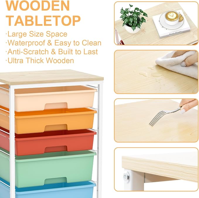 SYKIARIOL Utility Cart with 5 Drawers, Storage Cart with Wooden Tabletop and - Image 5
