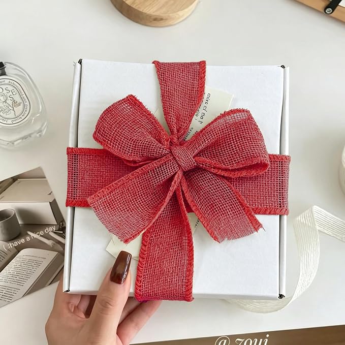 Red Burlap Ribbon 1-1/2 inch X 10 Yard Red Linen Wired Ribbon | Natural Linen - Image 4