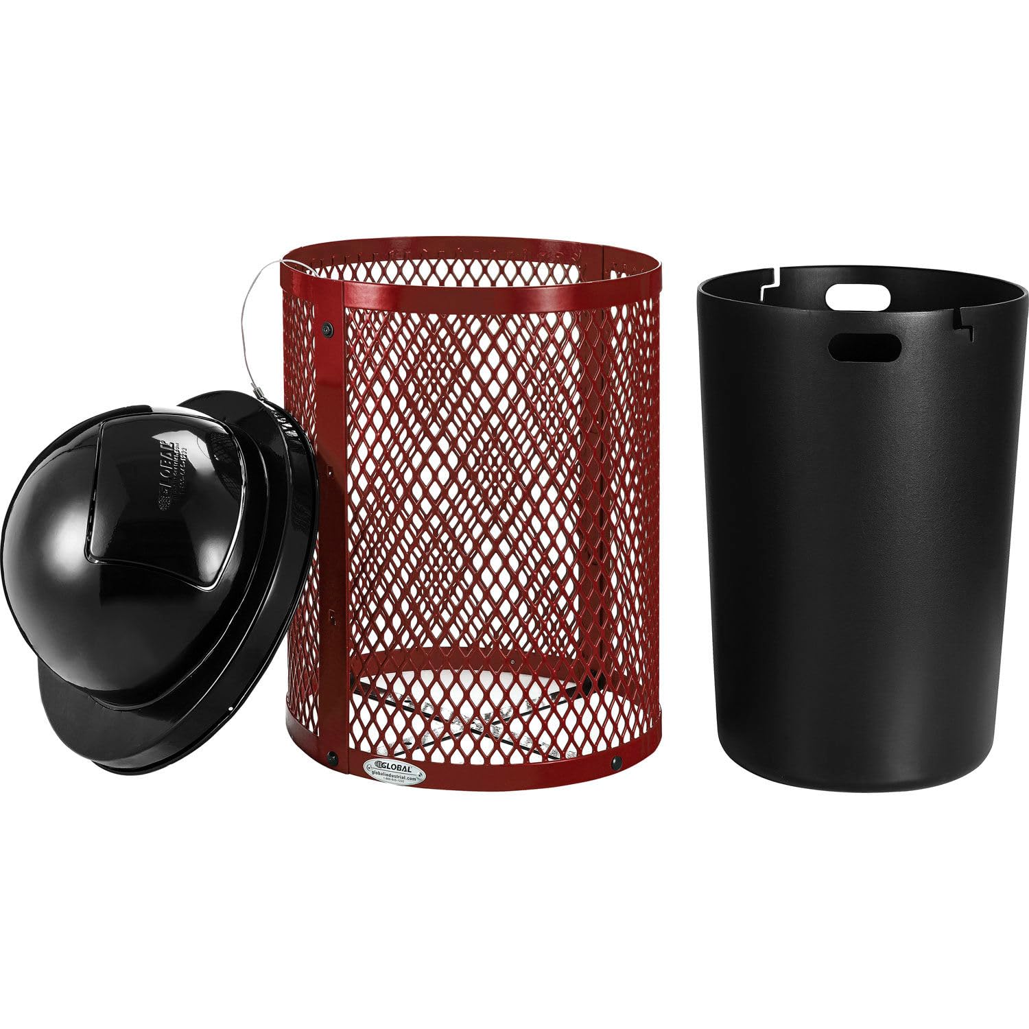 Global Industrial 36 Gallon Outdoor Steel Trash Can with Dome Lid and Raised Base, Plastic Liner and Anchor Kit Included, 23-1/2" Diameter x 43" H, Powder Coat Finish, Unassembled, Red