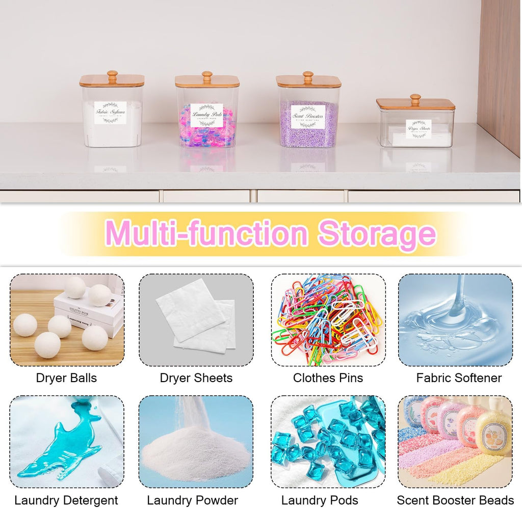 efluky 4+1 pack Laundry Pods Container & Dryer Sheet Holder Set,Clear Laundry Room Organization Containers with Bamboo Lids and Labels,Laundry Pods Holder for Scent Booster,Powder,Pod