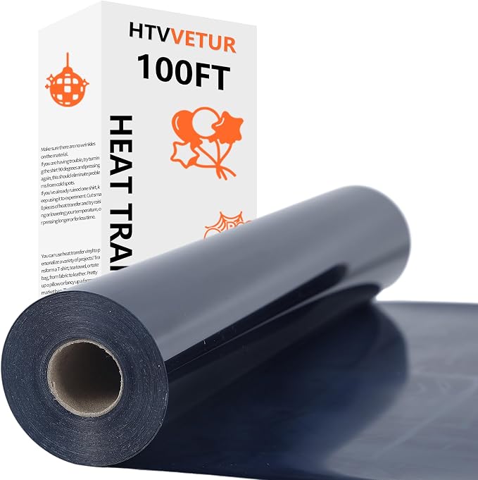 HTVVETUR Black Iron on Vinyl Roll 12" x 100ft, HTV Heat Transfer Vinyl by HTVVETUR
