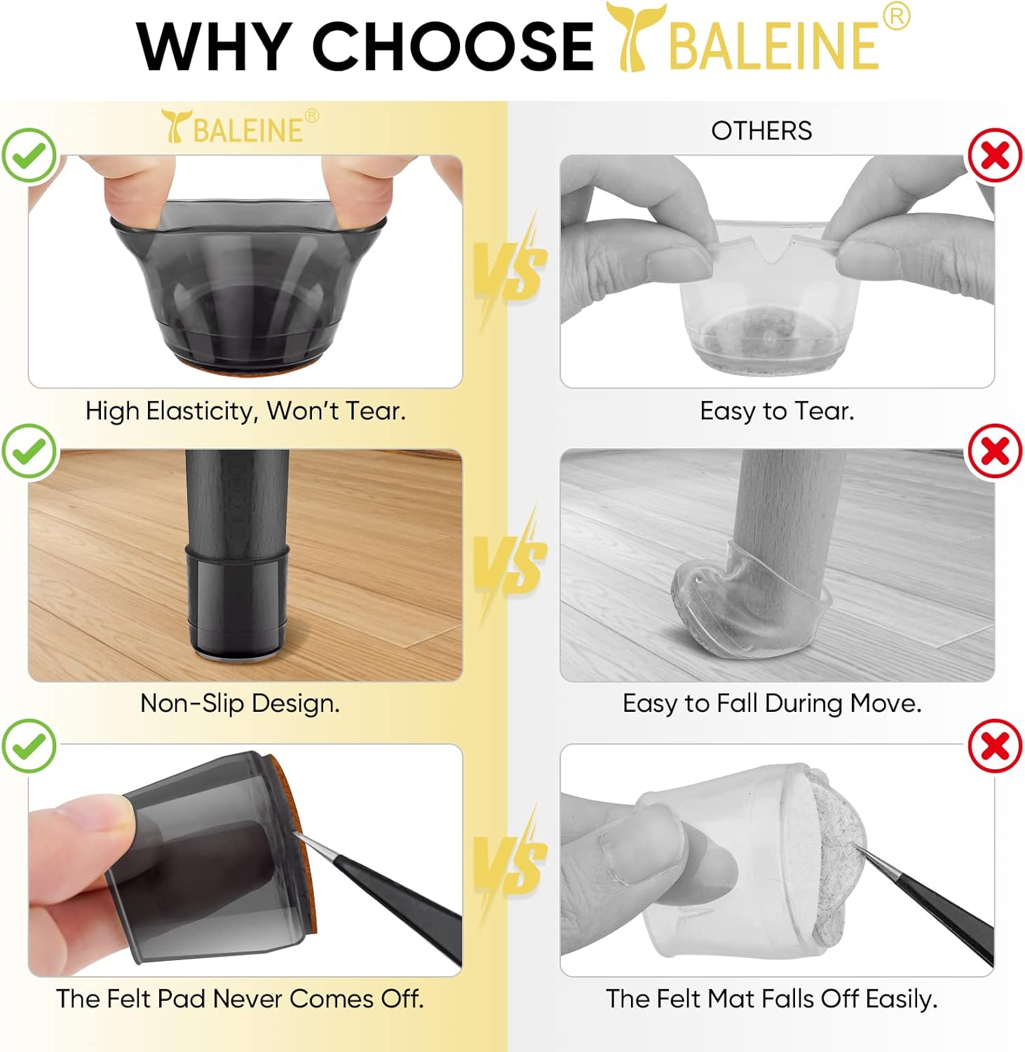 BALEINE 16 Pack Silicone Chair Leg Floor Protectors, Stool Leg Protectors Cap, Non-Slip Chair Leg Caps for Hardwood Floors (Black & Large, 16 Pack)