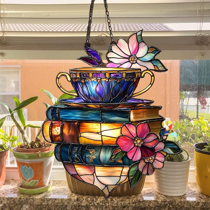 Floral Coffee Cup and Books Acrylic Suncatcher Stained Glass Effect Window Car - Image 4