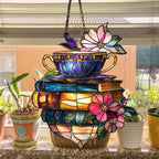 Floral Coffee Cup and Books Acrylic Suncatcher Stained Glass Effect Window Car - Image 4