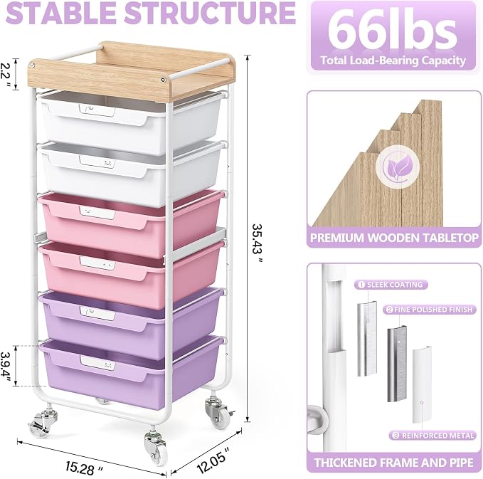 SYKIARIOL Utility Cart with 6 Labeling Drawers and Wooden Tabletop – Rolling - Image 3