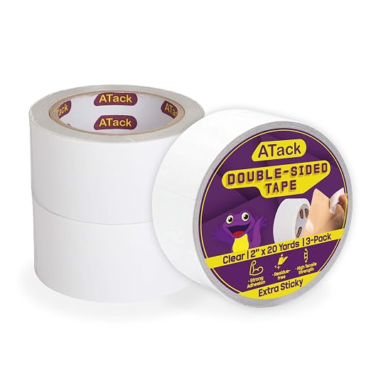 ATack Double Sided Clear Tape, 2-Inch x 20 Yards Heavy Duty Picture Mounting by ATack