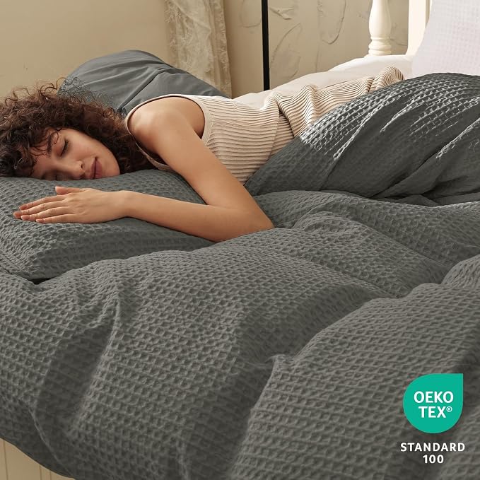 PHF Waffle Weave Duvet Cover Set Queen Size, No Snagging Ultra Soft Luxury - Image 2