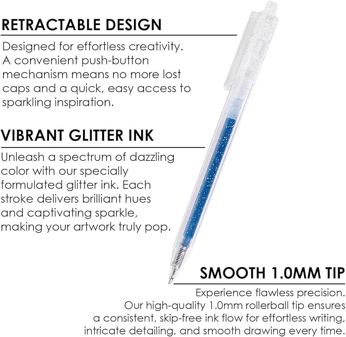 Grabie Glitter Gel Pens, 18 Colors Glitter Gel Pens Set, Retractable Sparkle - Image 2