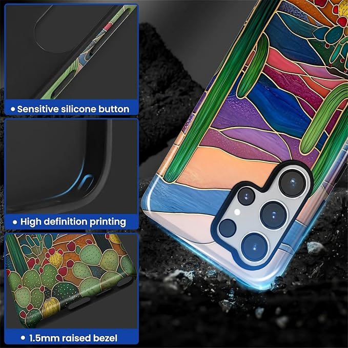 for Samsung Galaxy S25 Ultra Case, Stained Glass Cactus Pattern Glossy 2 in 1 - Image 4