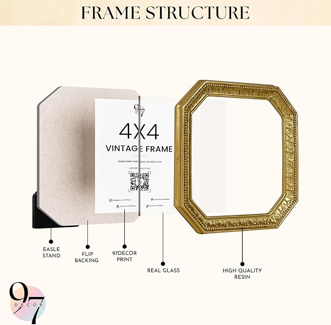 97 Decor Gold Square Vintage Picture Frame 4x4, Ornate Antique Frame | small - Image 3