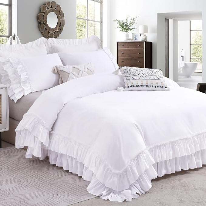 QSH Ruffle White Duvet Cover Queen Size -Washed Cotton Shabby Farmhouse Ruffled by QSH