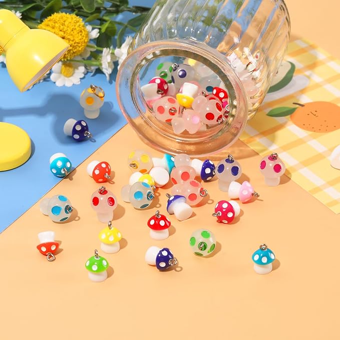 Augshy 64 Pcs Mini Resin Mushroom Charms, Luminous Mushroom Beads - Image 3