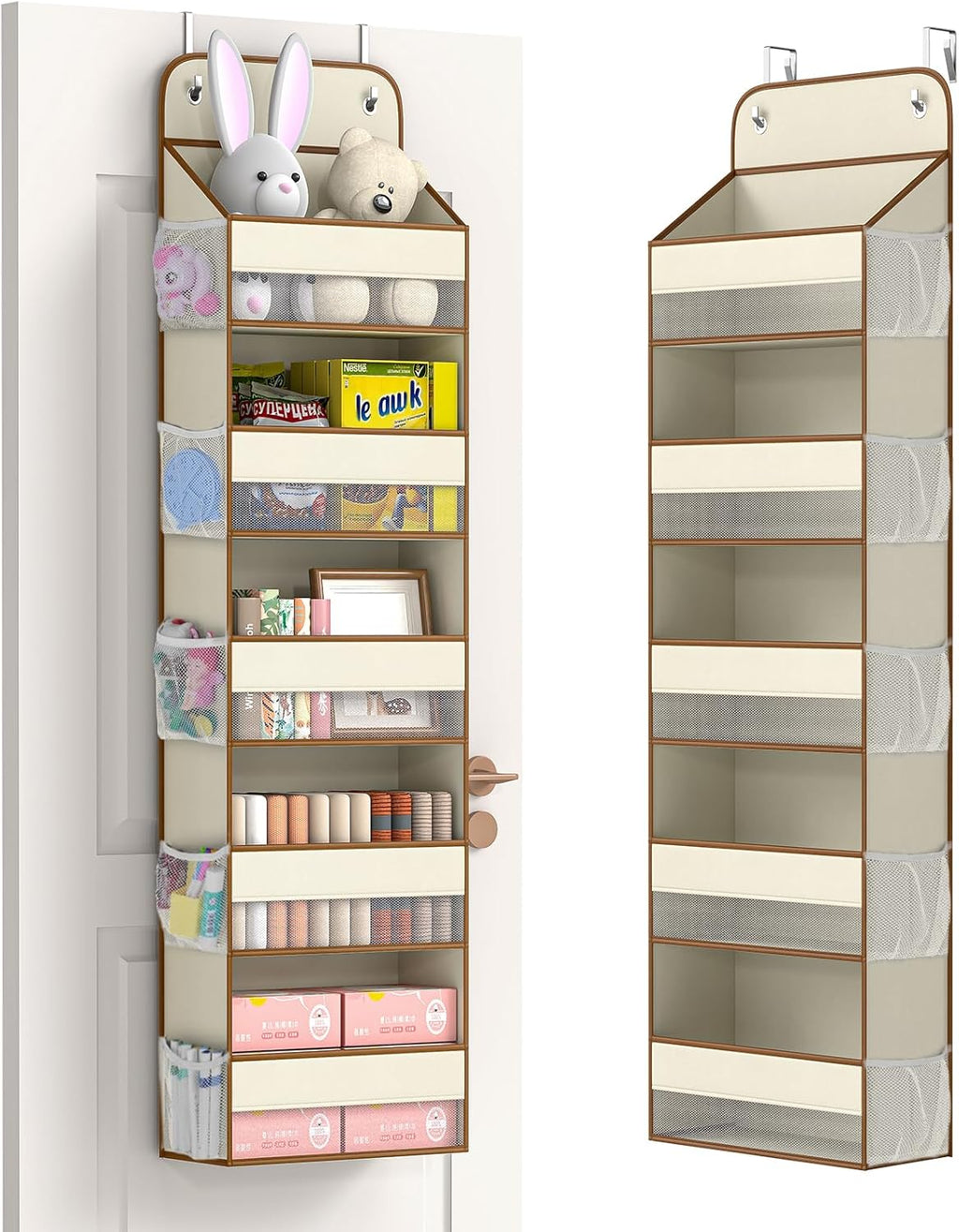 LAMU 5 Tier Over the Door Organizer Hanging, 5 Large Pockets and 10 Side Pockets Behind Door Storage for Baby Toys, 44lbs Back of Door Organizers Shelf for Closet, Nursery and Bathroom, 1 Pack (Beige)