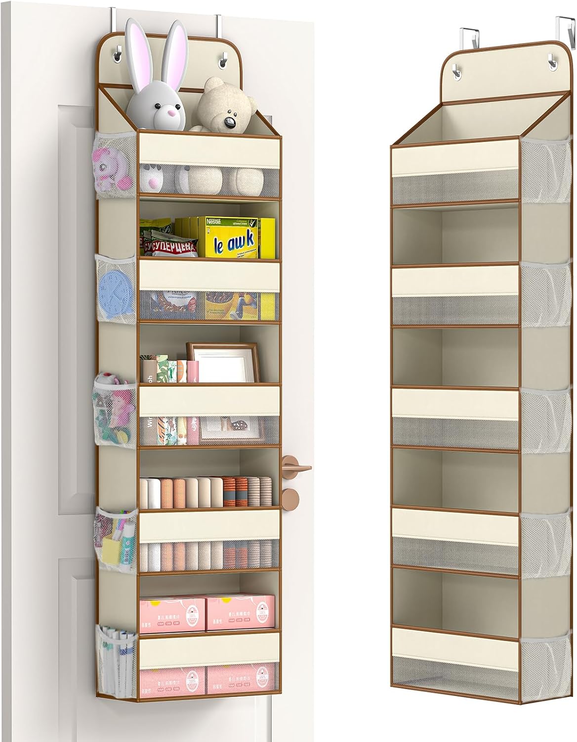 LAMU 5 Tier Over the Door Organizer Hanging, 5 Large Pockets and 10 Side Pockets Behind Door Storage for Baby Toys, 44lbs Back of Door Organizers Shelf for Closet, Nursery and Bathroom, 1 Pack (Beige)