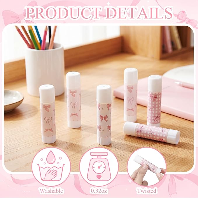 Sabary 100 Pcs Pink Bow White Glue Stick Bulk Washable Glue Sticks 0.32 oz - Image 3