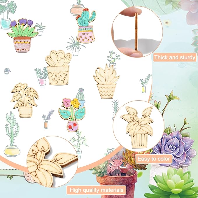 100 pcs Mixed Styles Cactus Potted Theme Unfinished Wood Cutout Charms Tropical - Image 3