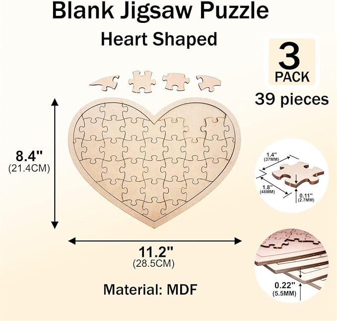 3 Pack Blank Wooden Heart Shaped Jigsaw Puzzle 11.2x8.4 Inch Unfinished Wooden - Image 5