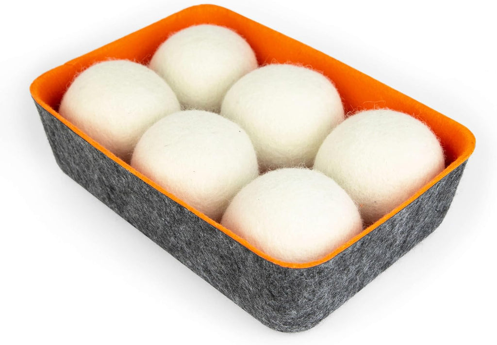 Three by Three Seattle Felt·Like·it!™ Wool Dryer Balls + Storage Bin: Reduce Drying Time, Static Cling, and Energy Use | Natural Alternative to Fabric Softeners (Pack of 6)