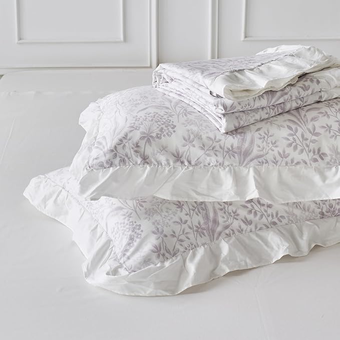 SUSYBAO Purple White Floral Duvet Cover Queen 100% Cotton 3 Pcs Set 1 White - Image 7