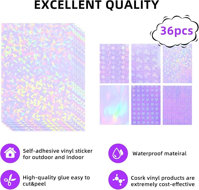 36 Sheets Holographic Laminate Sheets Clear Self Adhesive Sticker Paper | - Image 2